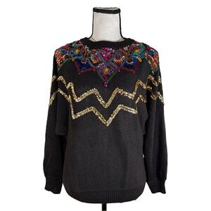 Jessica Stevens Vintage 80s Sequin Embellished Sweater | Black Knit | Size L